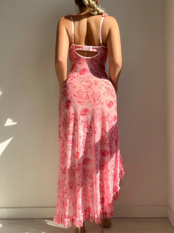 New women's floral print halter dress with slit, sexy lingerie – detail view