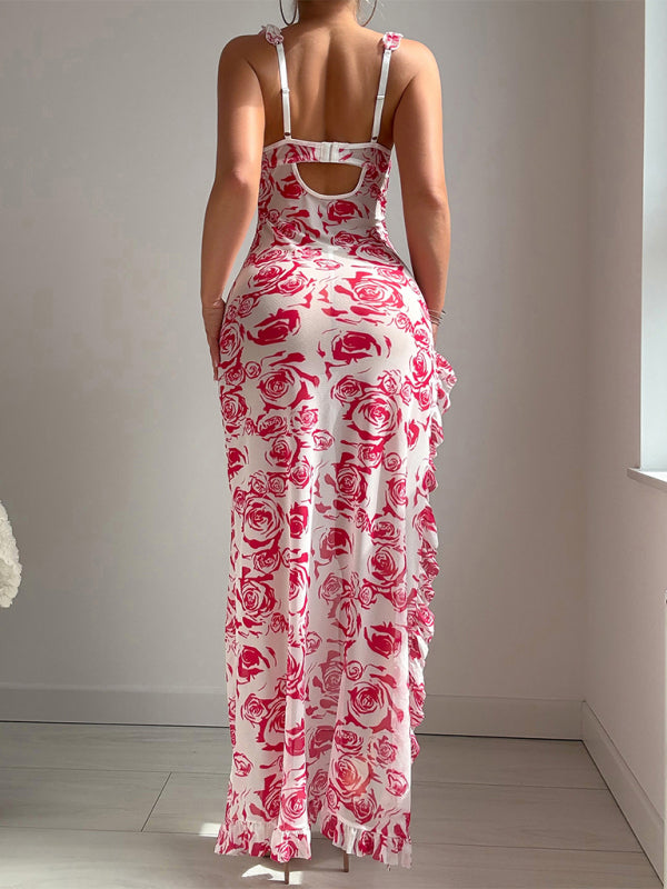 Women's floral print halter maxi dress – back view with cutout detail
