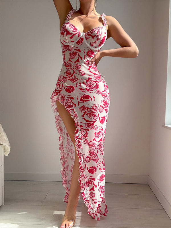 Women's floral print halter maxi dress – side view showing high slit
