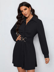 Commuter Style Shirt Dress – black, front view with belt detail