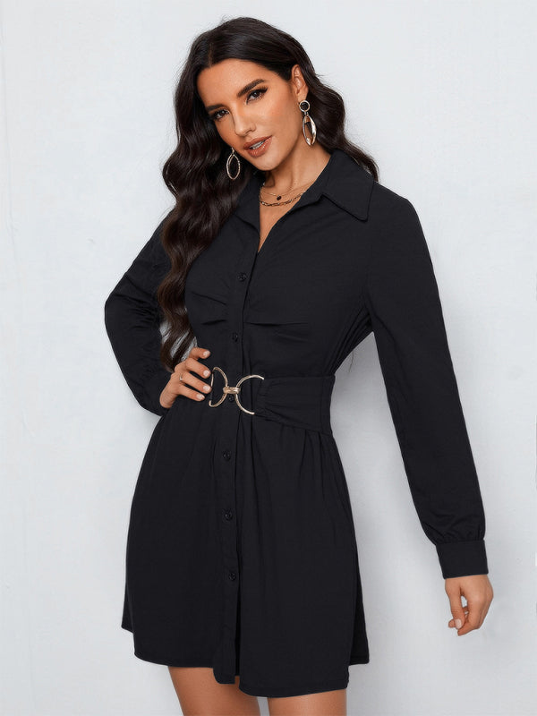 Commuter Style Shirt Dress – black, front view with belt detail