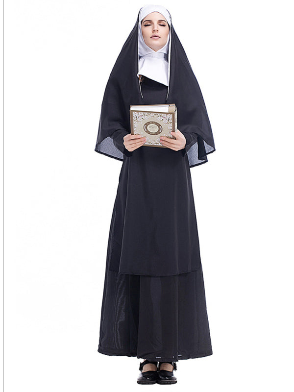 Costume de cosplay de robe noire pour Halloween (jupe + coiffe + châle) 