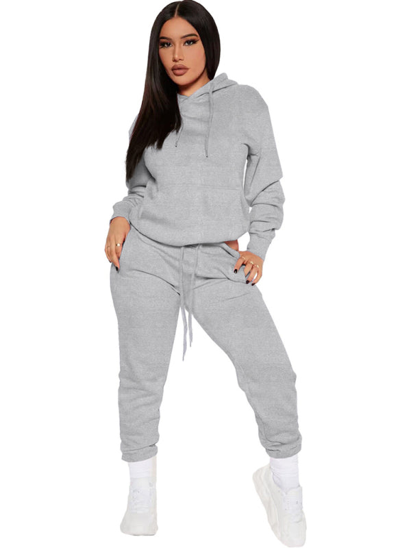 Modischer, einfarbiger Freizeitpullover mit Kapuze, bestehend aus Oberteil und Hose – ein sportliches Oberteil und Anzug 
