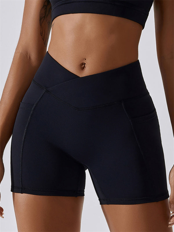 Leggings mit überkreuztem Bund und Hüfttasche für Damen, Sportshorts 