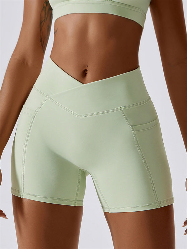 Leggings mit überkreuztem Bund und Hüfttasche für Damen, Sportshorts 