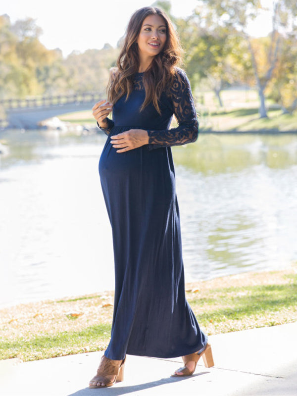 Maternity Lace Long Sleeve Maxi Dress – Navy front view