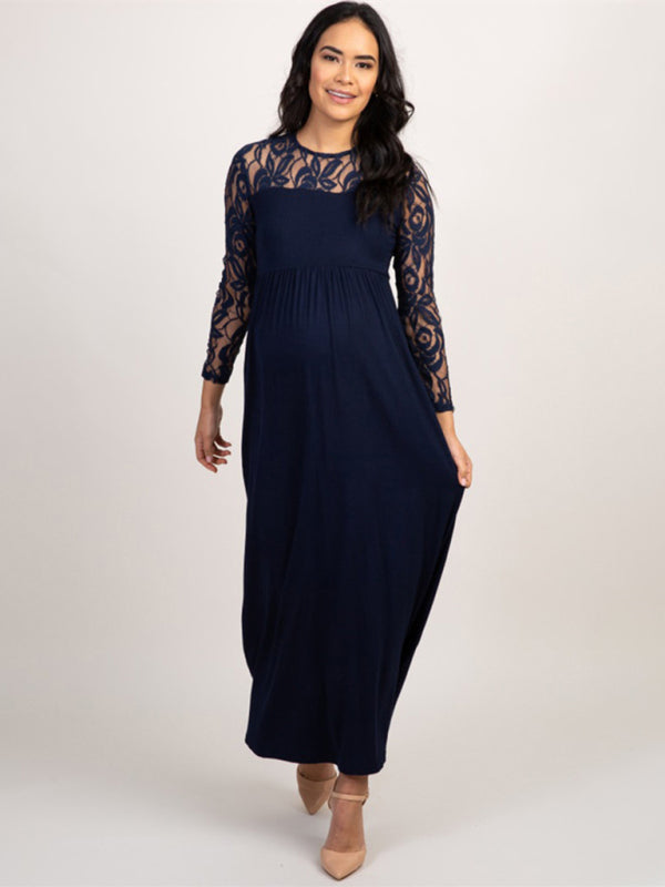 New European and American fashion solid color maternity lace hollow long sleeve dress long dress – lifestyle view