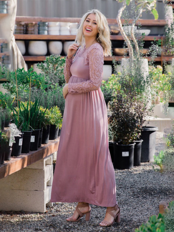 New European and American fashion solid color maternity lace hollow long sleeve dress long dress – detail view