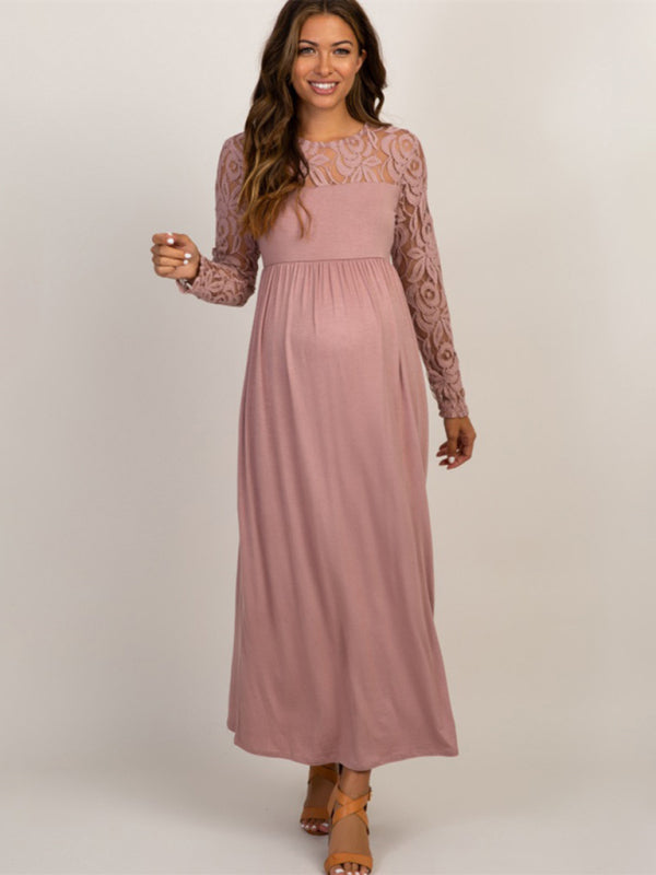 New European and American fashion solid color maternity lace hollow long sleeve dress long dress – closeup view