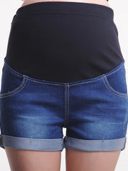 Maternity Denim Shorts with elastic belly support panel – front view