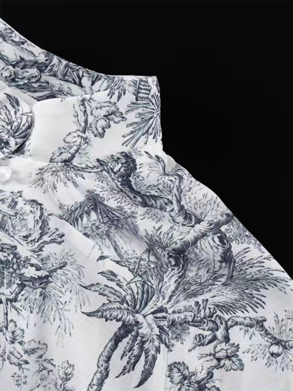 Ink printed puff sleeves stand collar lace-up retro a-line short dress