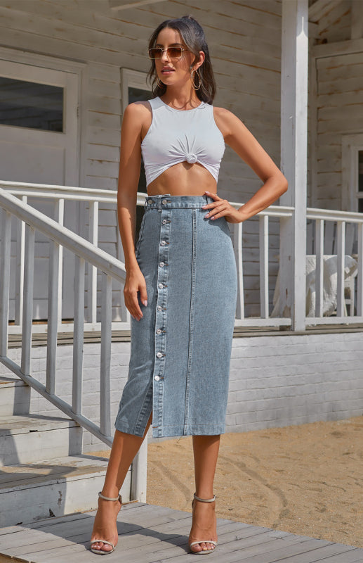Irregular Split Denim High Waist Skirt - Blue / XS