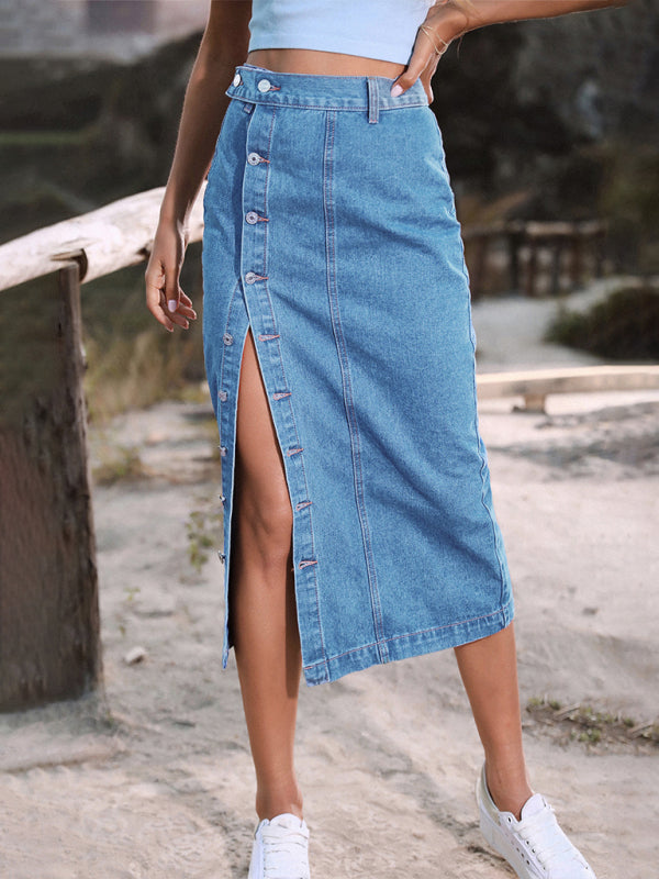 Irregular Split Denim High Waist Skirt - Cobalt blue / XS