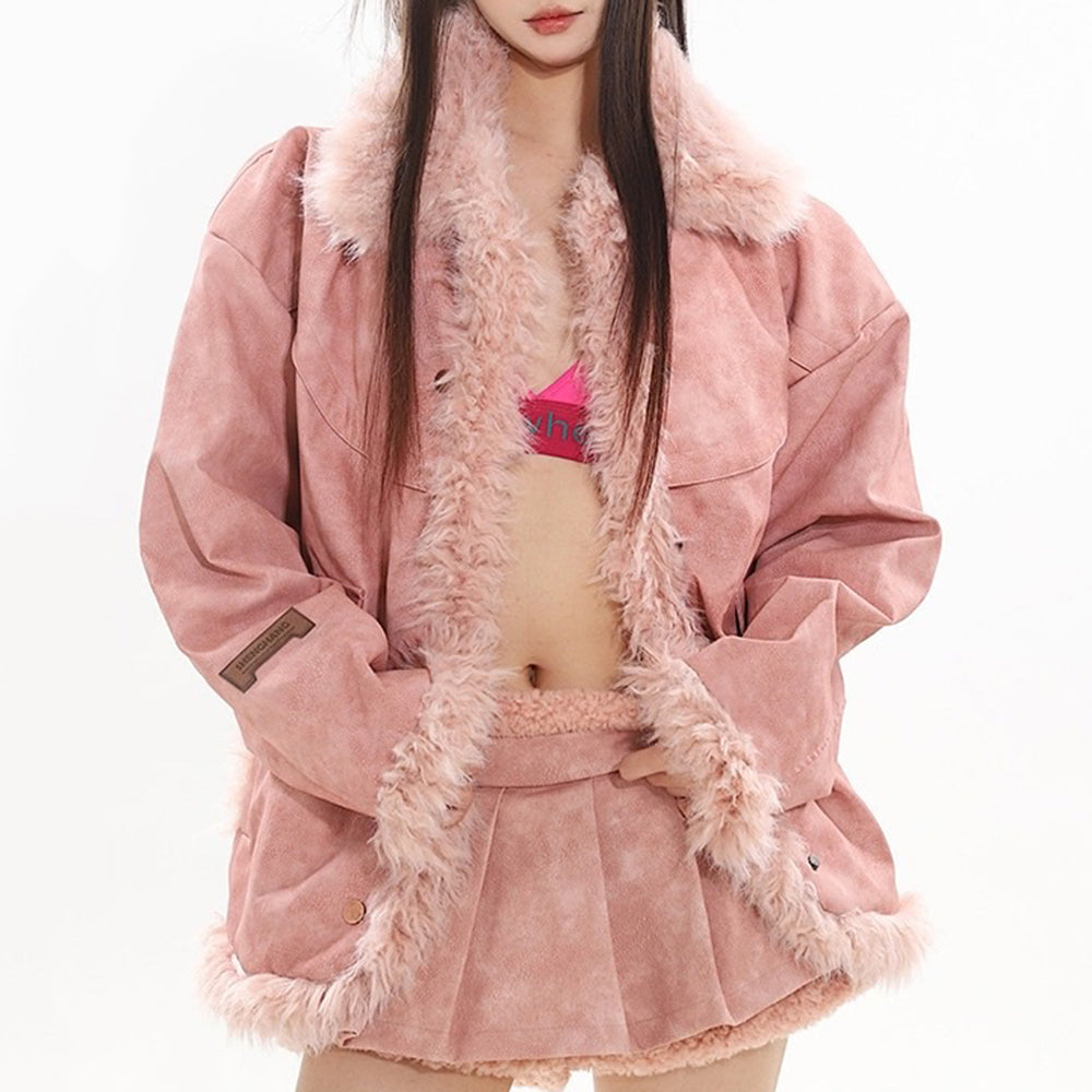 JACKET CAMPUS QUEEN DUSTY PINK SHEARLING TRIM