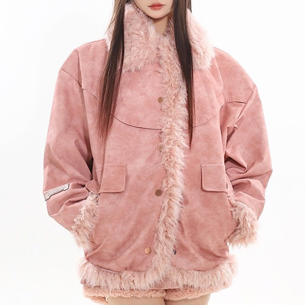 JACKET CAMPUS QUEEN DUSTY PINK SHEARLING TRIM