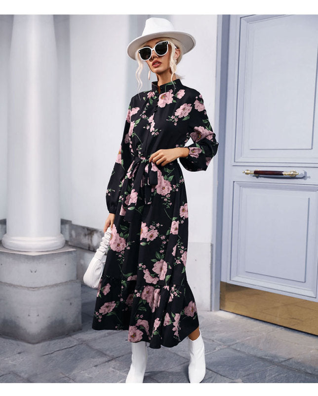 Printed long sleeve semi -collar long skirt dress autumn and winter - Closther