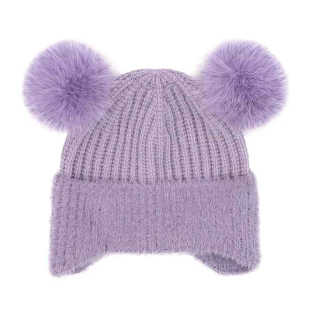 Kids Faux Fur Earflap Double Pom C.C Beanie