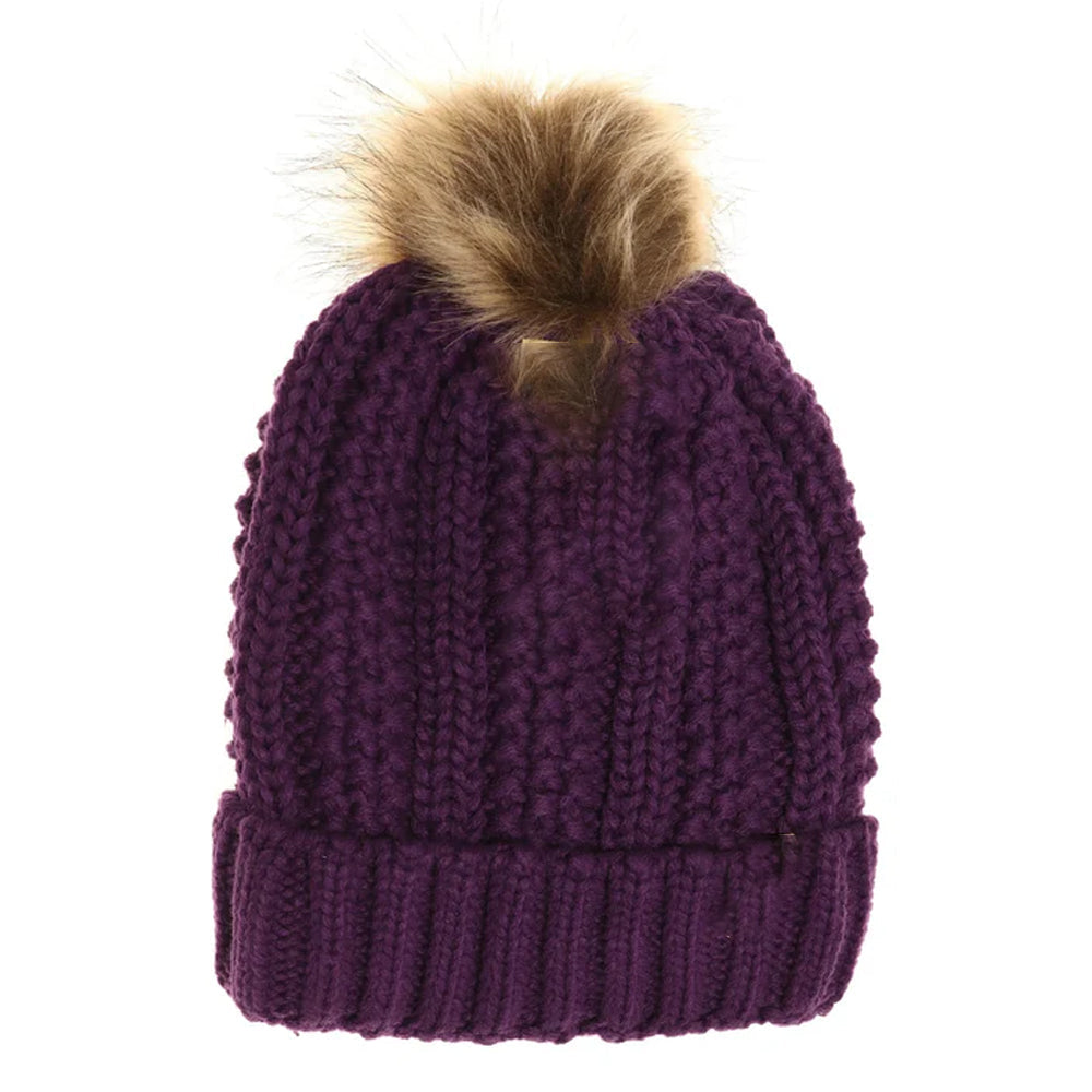 Kids Fuzzy Lined Fur Pom C.C Beanie