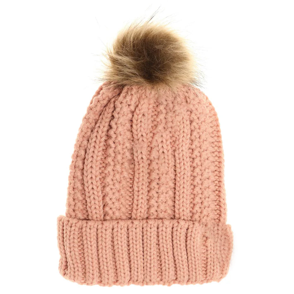 Kids Fuzzy Lined Fur Pom C.C Beanie