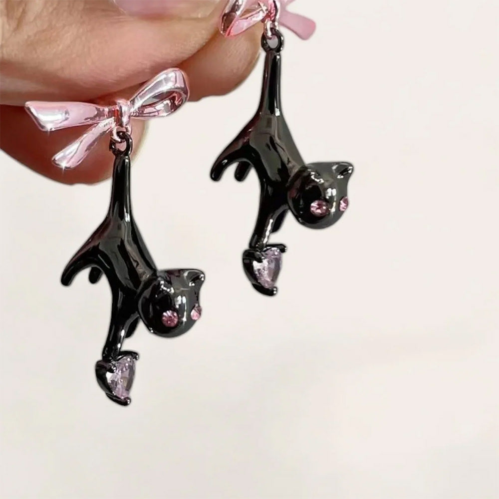 KITTEN EARRINGS PINK BOW HEART-SHAPED GEMSTONES