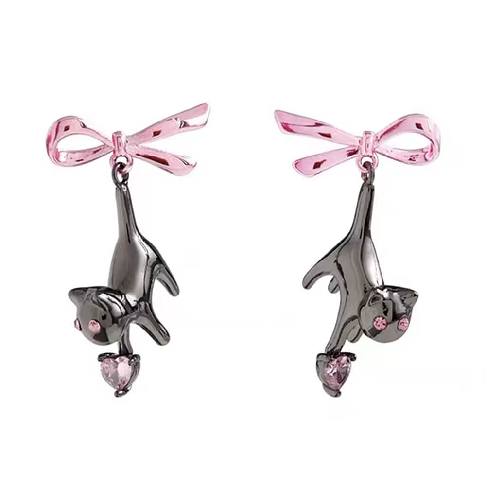 KITTEN EARRINGS PINK BOW HEART-SHAPED GEMSTONES