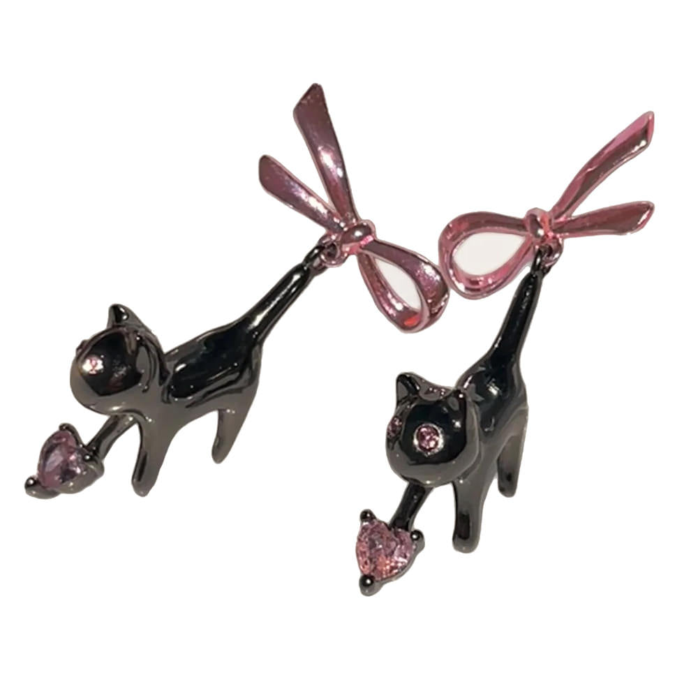KITTEN EARRINGS PINK BOW HEART-SHAPED GEMSTONES