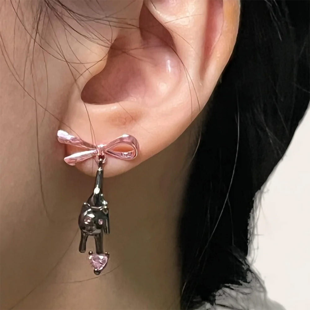 KITTEN EARRINGS PINK BOW HEART-SHAPED GEMSTONES