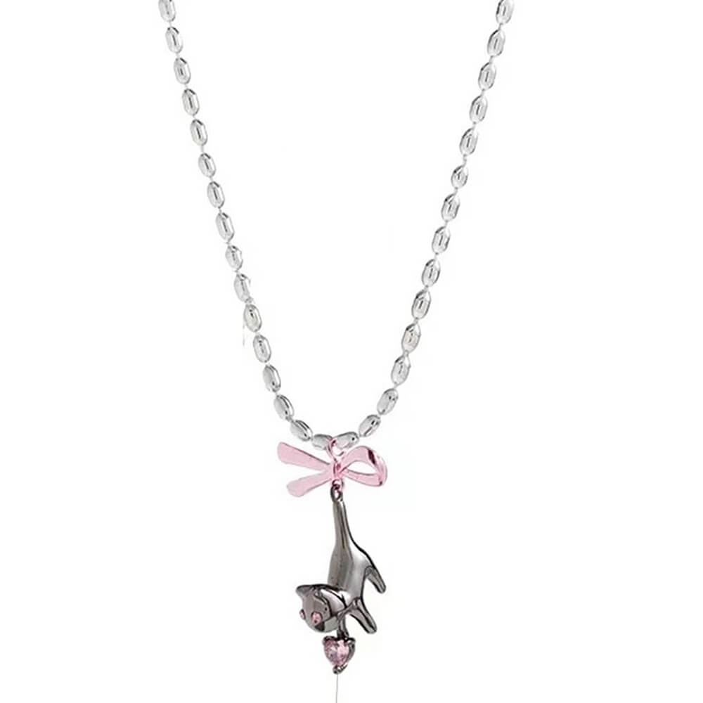 KITTEN NECKLACE PINK BOW ADORABLE KITTEN HEART GEMSTONE