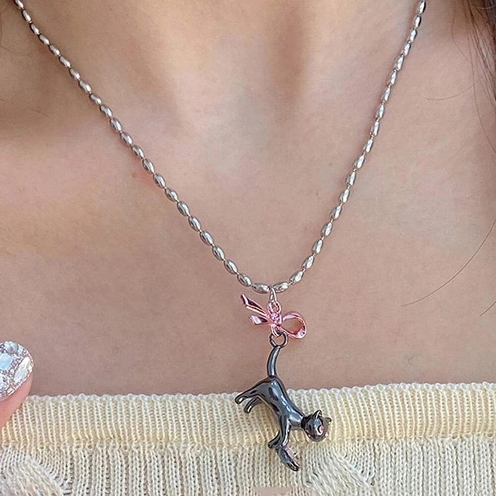 KITTEN NECKLACE PINK BOW ADORABLE KITTEN HEART GEMSTONE