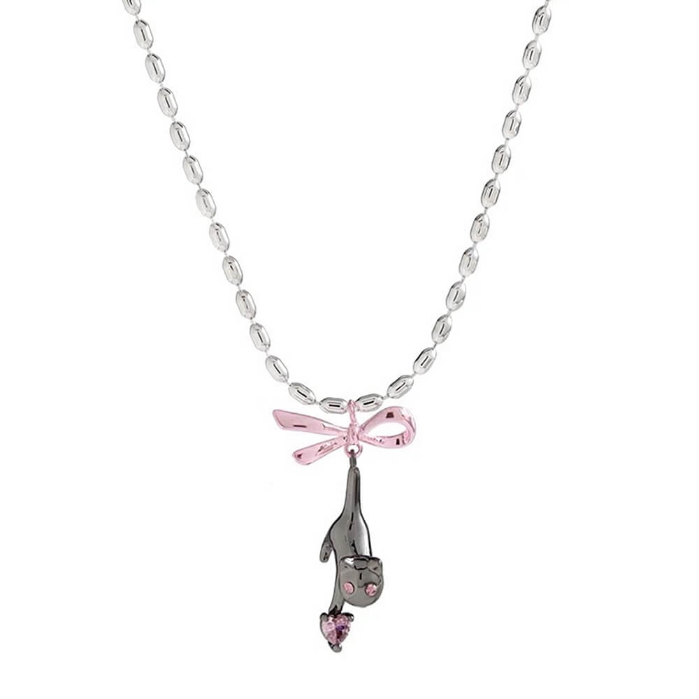 KITTEN NECKLACE PINK BOW ADORABLE KITTEN HEART GEMSTONE
