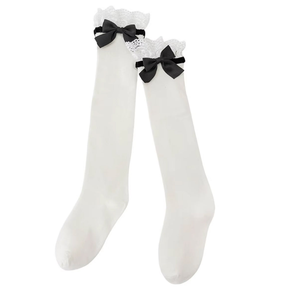 KNEE HIGH SOCKS WITH BLACK RIBBON BOW AND DELICATE LACE RUFFLE