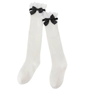 KNEE HIGH SOCKS WITH BLACK RIBBON BOW AND DELICATE LACE RUFFLE