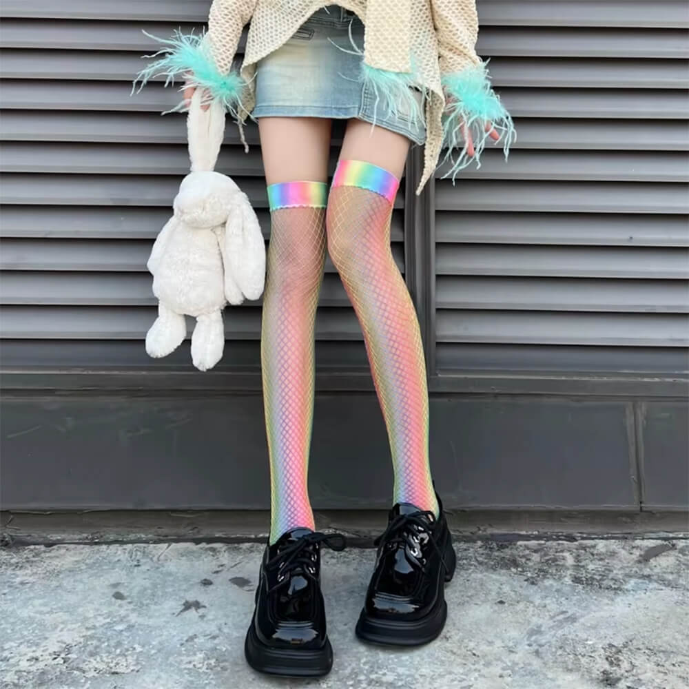 KNEE HIGHS ENCHANTED RAINBOW HOLOGRAPHIC FISHNET TEXTURE