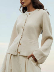 KNIT CARDIGAN WITH ROUND BUTTONS AND CHIC FLARED SLEEVES