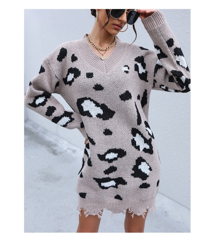 Knit Long Sleeve V-Neck Shabby Leopard Sweater Dress - Closther
