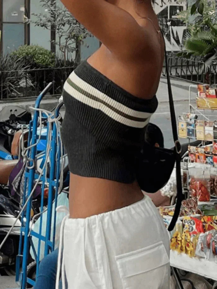 KNIT STRIPED BANDEAU TUBE TOP WITH STRIPES DESIGN