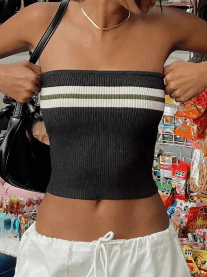 KNIT STRIPED BANDEAU TUBE TOP WITH STRIPES DESIGN