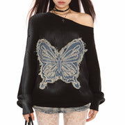 KNIT SWEATER DENIM BUTTERFLY APPLIQUÉ VINTAGE WASH BUTTERFLY