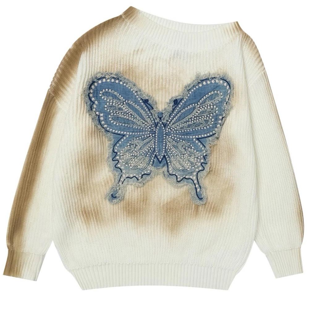 KNIT SWEATER DENIM BUTTERFLY APPLIQUÉ VINTAGE WASH BUTTERFLY