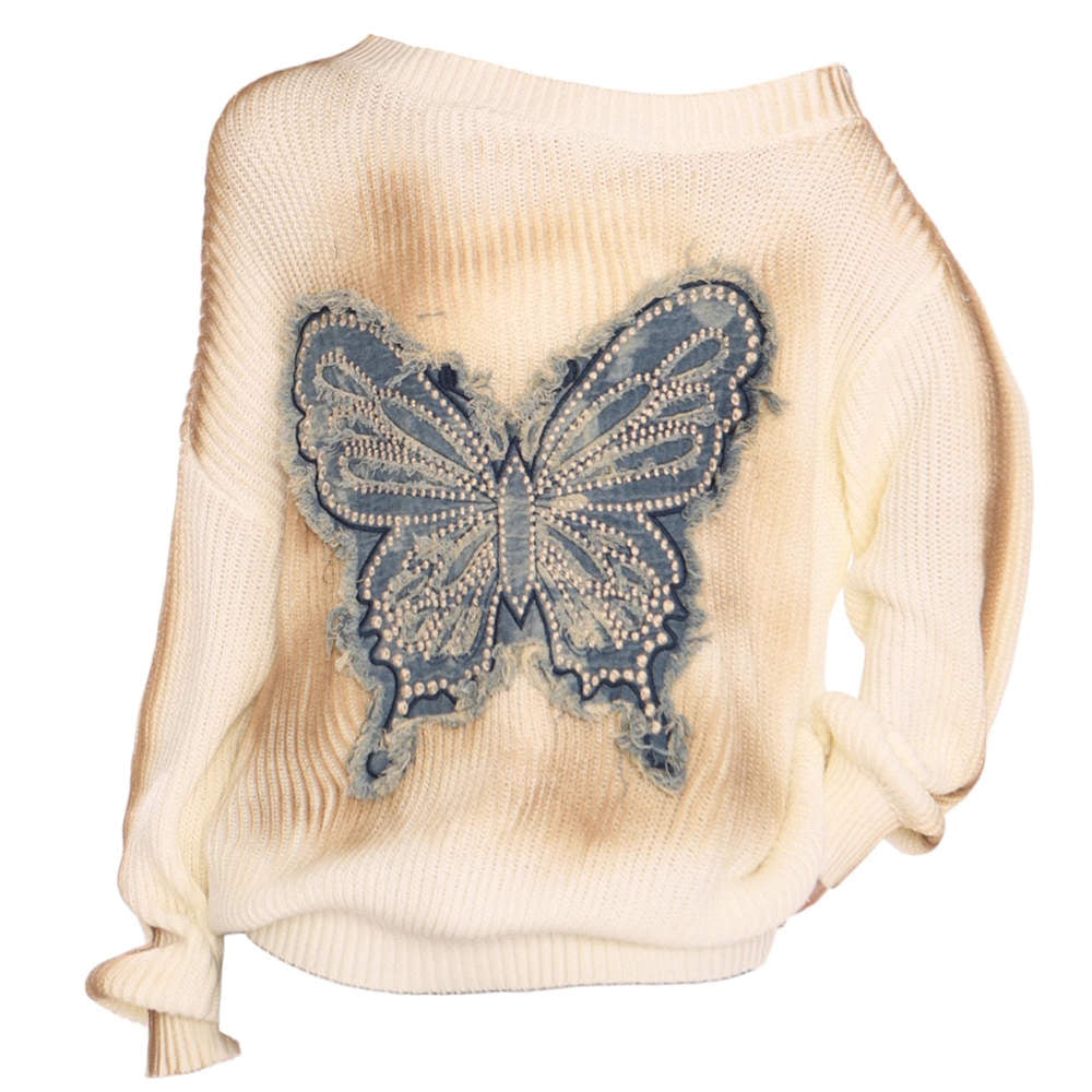 KNIT SWEATER DENIM BUTTERFLY APPLIQUÉ VINTAGE WASH BUTTERFLY