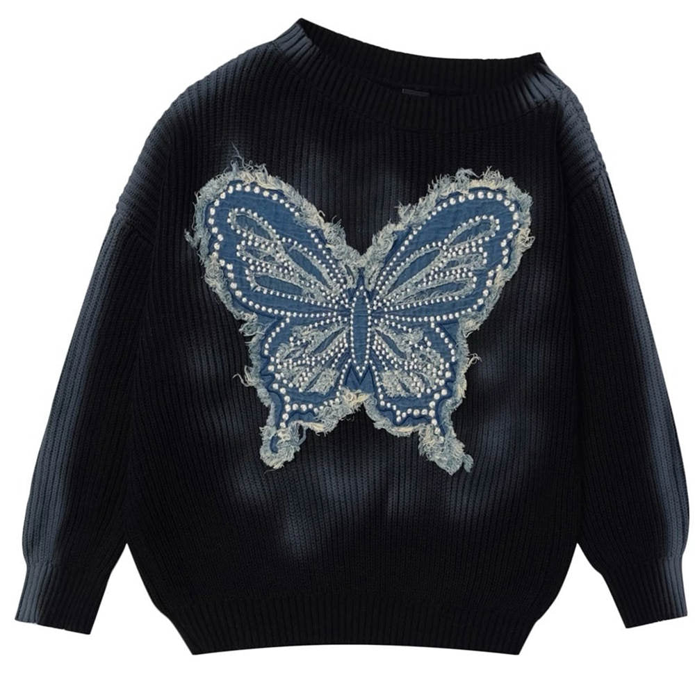KNIT SWEATER DENIM BUTTERFLY APPLIQUÉ VINTAGE WASH BUTTERFLY