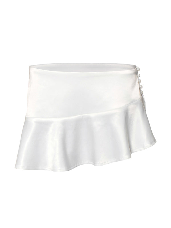 KNIT TURTLENECK CROP TOP AND SATIN MINI SKIRT SET WITH VINTAGE RUFFLE MINI