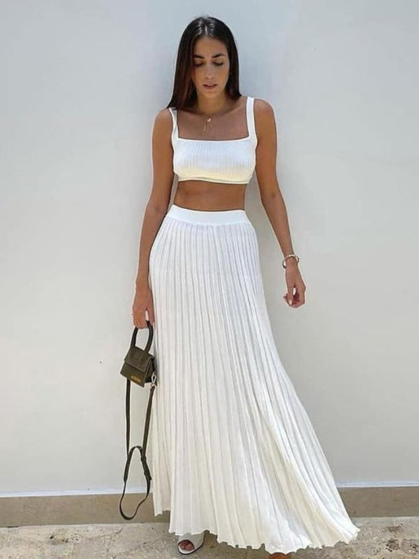 Knitted Camisole + Skirt Elegant Sleeveless Short Top Pleated Skirt Set - White / S
