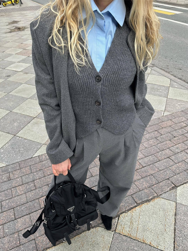 Knitted Vest V-neck Sleeveless Casual All-match Top - Grey / S