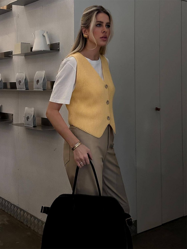 Knitted Vest V-neck Sleeveless Casual All-match Top - Yellow / S