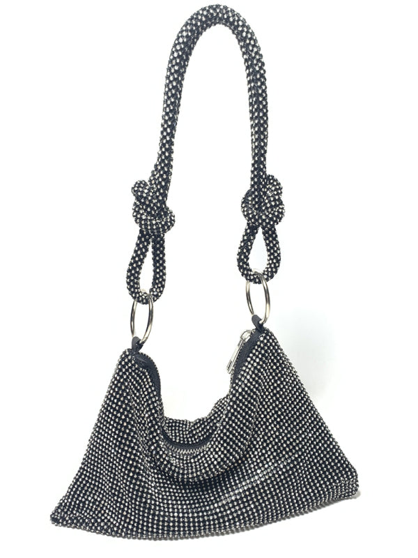 Knotted rhinestone pure handmade new diamond full diamond armpit bag - Black / F