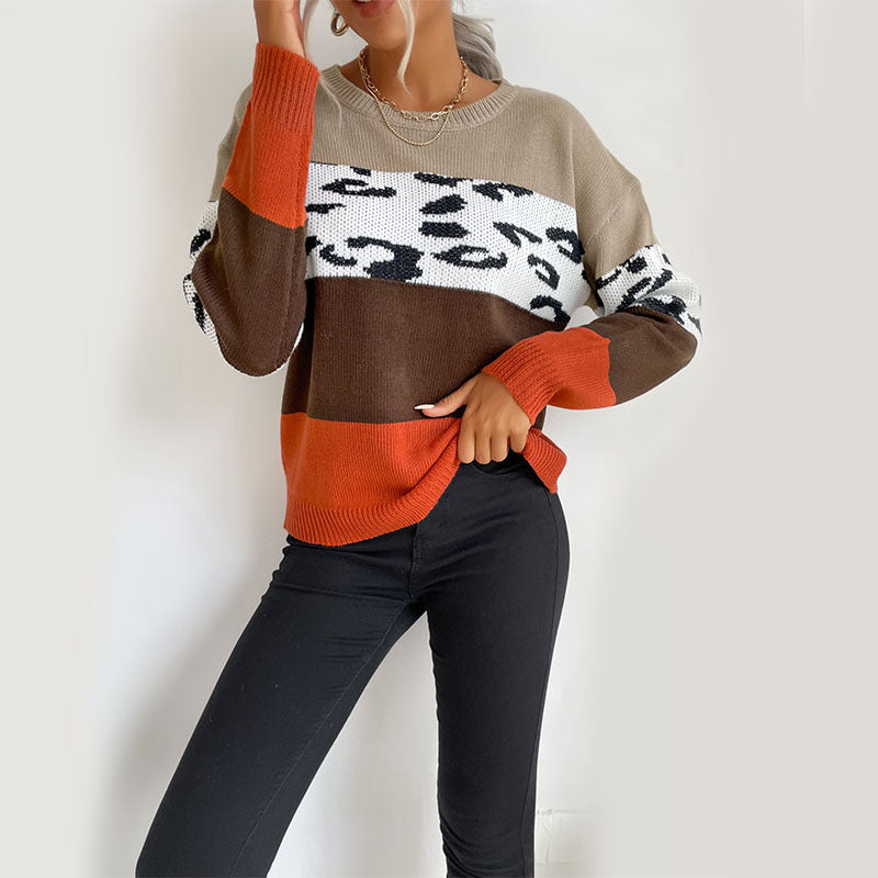 Top Leopard Print Colorblock Long Sleeve Sweater - Closther