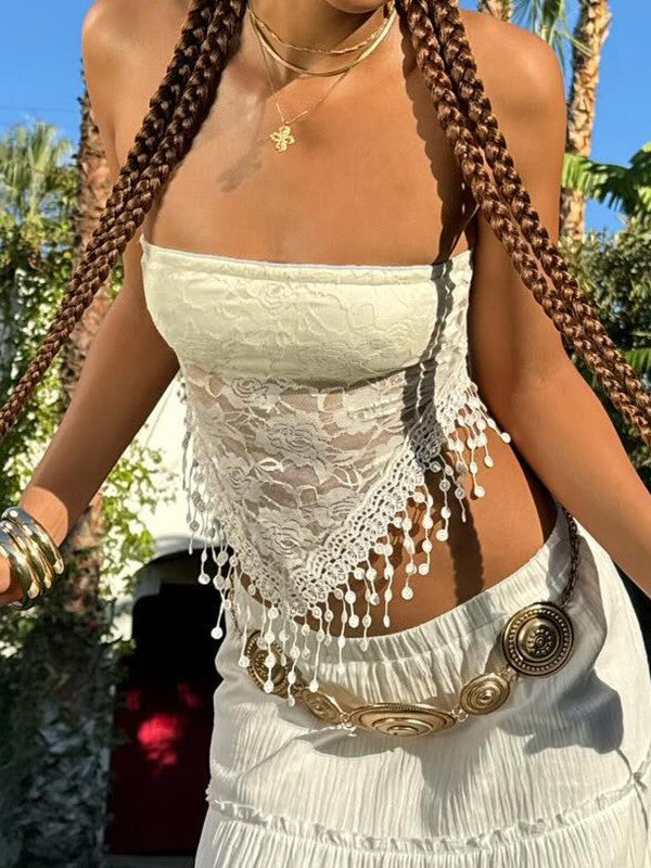 LACE BANDEAU TOP WITH DELICATE FRINGE ACCENTS