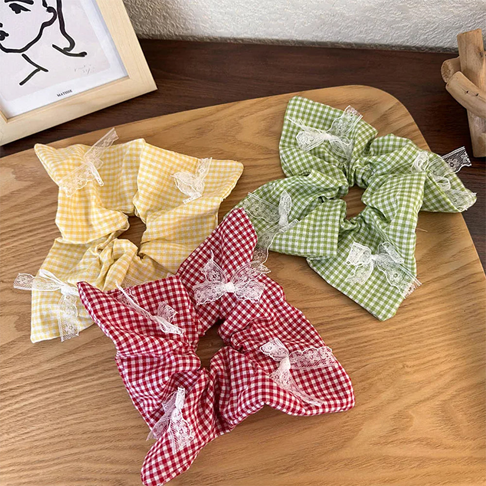LACE BOW GINGHAM SCRUNCHIE COTTAGECORE GINGHAM