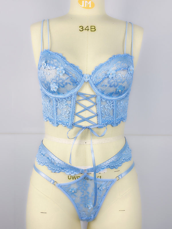 Lace bra with sexy beading 3D flowers perspective underwear set